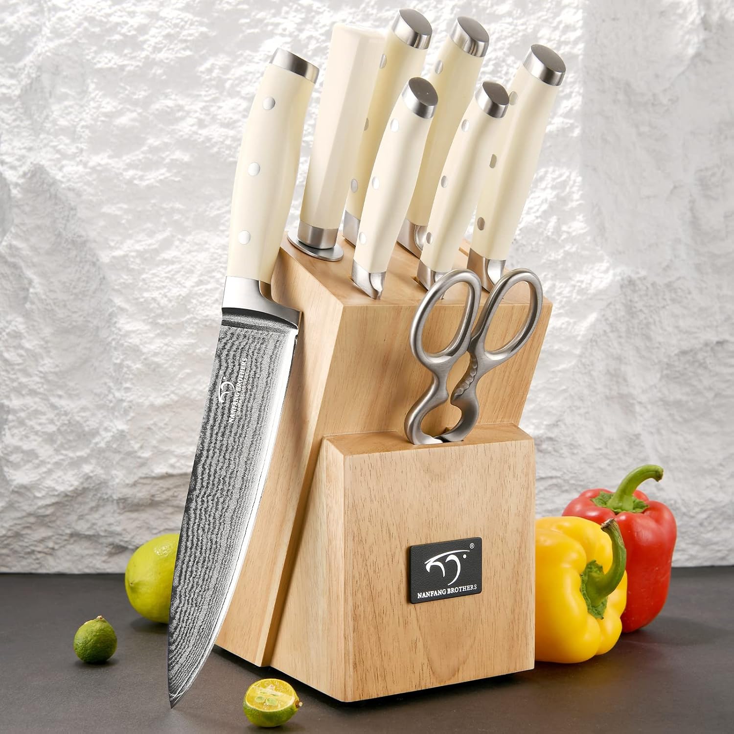 Damascus Kitchen Knife Set, 9 Pieces With Block, White ABS Triple Rivet Ergonomic Handle for Chef Knives, Sharpener and Shears