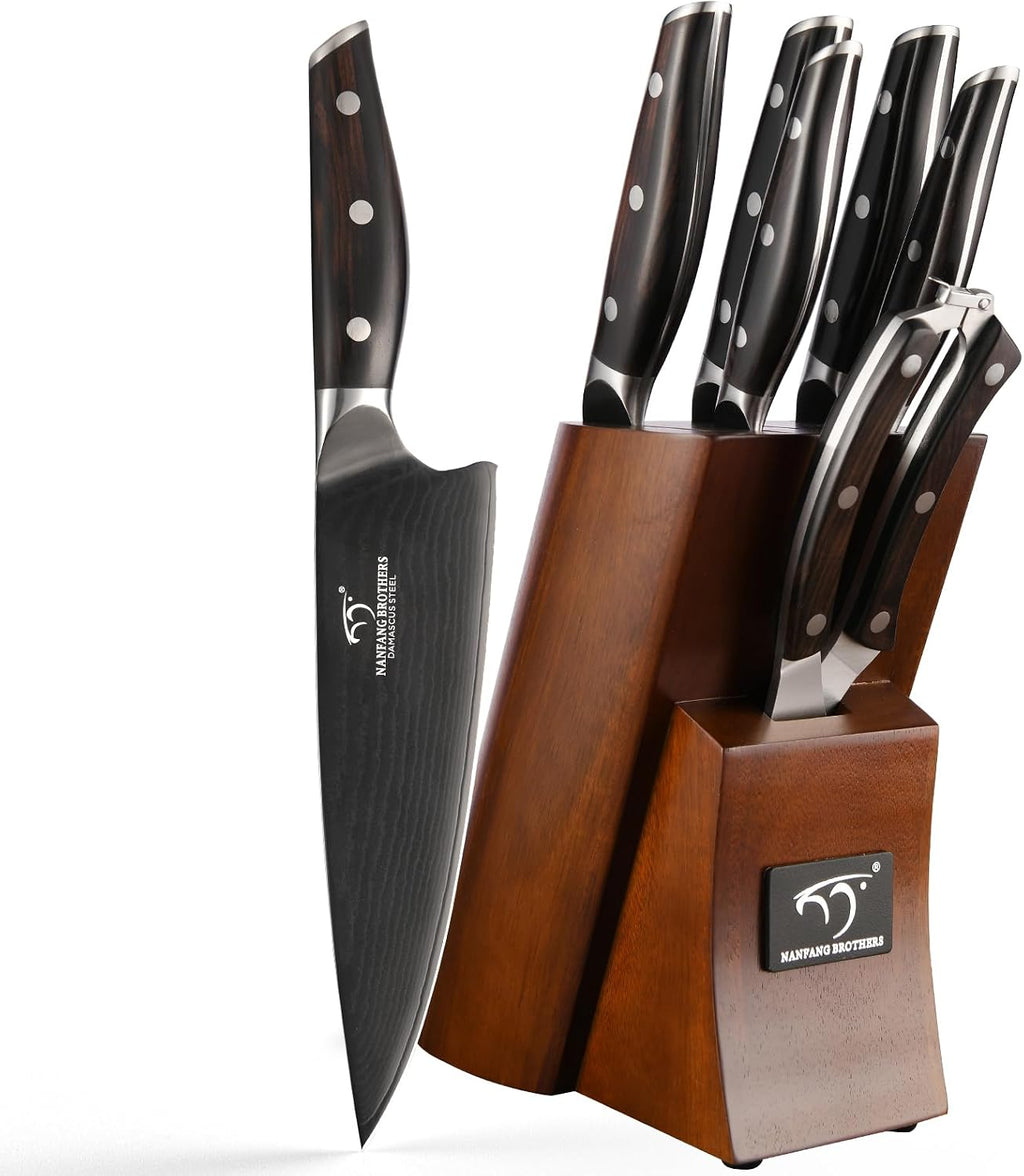 7-Piece Damascus Knife Set with VG10 Core Blades, 67-Layer Damascus Steel, Black Titanium Coated Kitchen Knives for Polished Ebony Wood Handle for a Comfortable, Ultra Sharp Chef Knife Set