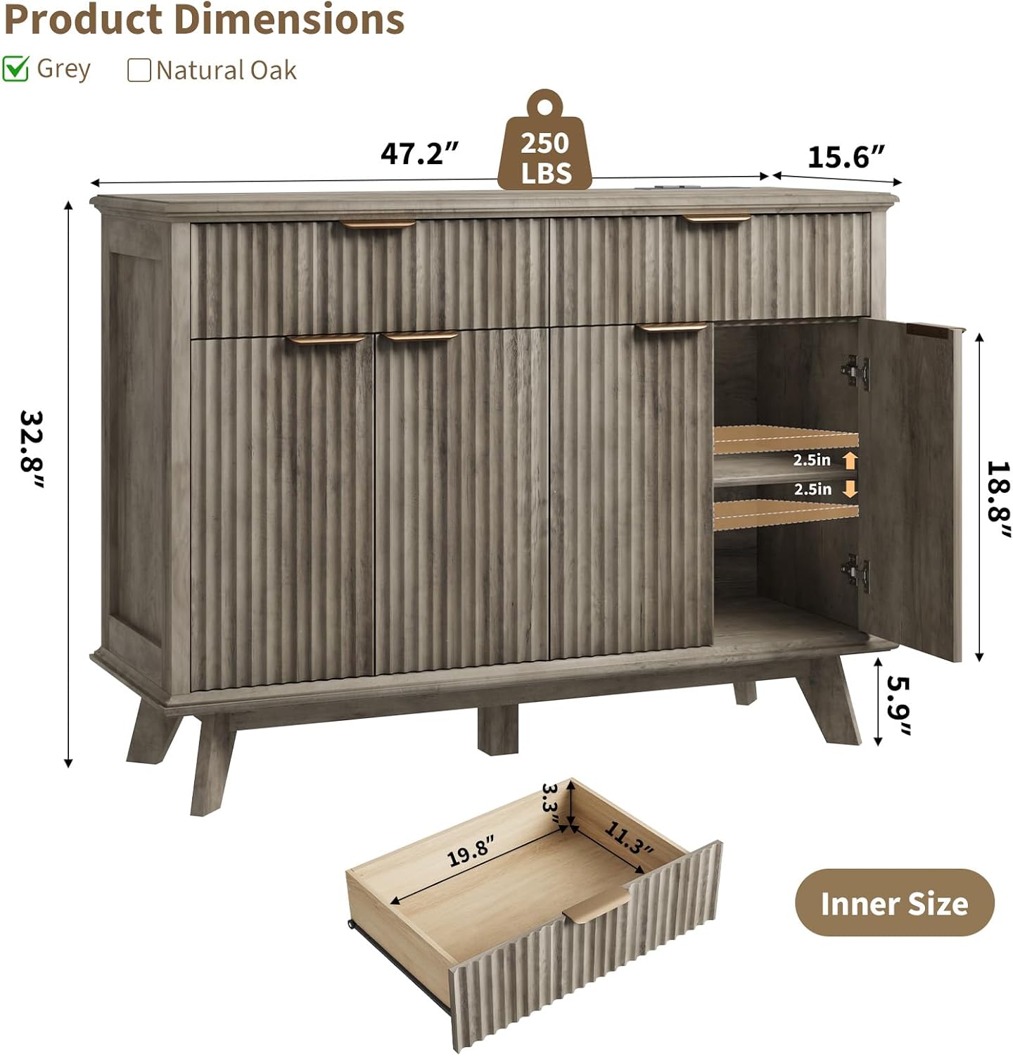 QUW Fluted Buffet Sideboard Cabinet with Storage, 47.2' Kitchen Cabinet with Drawers and Adjustable Shelves, Modern Coffee Bar with Charging Station, for Dining Room, Living Room, Grey