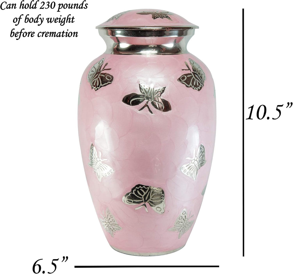 Pink Butterfly Cremation Urn for Human Ashes, Large Funeral Urn with Matching Keepsake and Personalized Engraving
