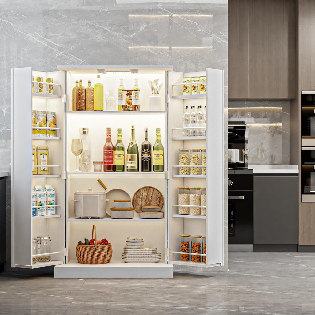 FJTJBSI 50' LED Kitchen Pantry Cabinet with 3 Adjustable Shelves and 2 Doors Wood Pantry Storage Cabinet with Handle for Kitchen Living Room and Dinning Room White