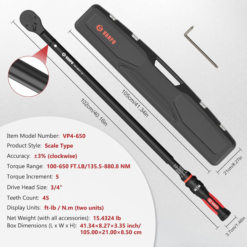 VANPO Torque Wrench 3/4-Inch Drive 100-650 Ft-Lb Heavy Duty Click Type for Fleet Maintenance, Semi Truck, Industrial Equipment - TPR+ABS Handle, ±3% Precision, 45-Tooth Ratchet,with Portable Case