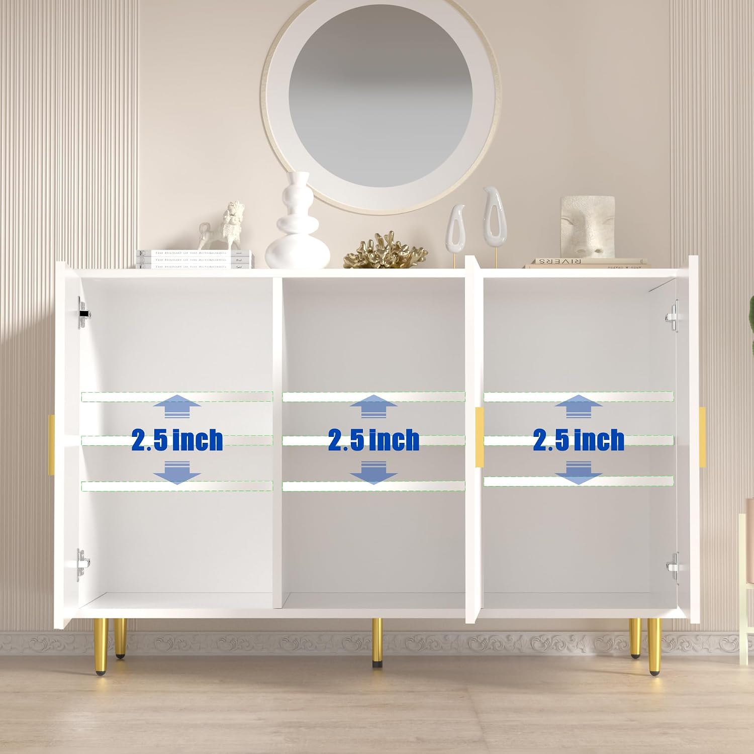 DIYART White Sideboard Buffet Cabinet, Accent Coffee Bar with 3 Doors, Entryway Cabinet for Living Room, Kitchen, Hallway