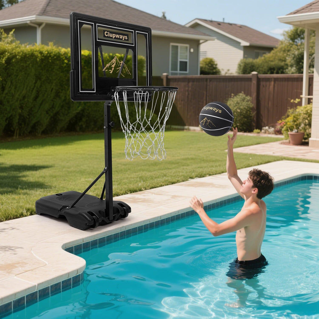 Pool Basketball Hoop Poolside Height Adjustable Portable Basketball Hoop for Pool with Shatterproof Backboard and Weather-Resistant Steel Screws/Brackets, Includes Ball and Air Pump