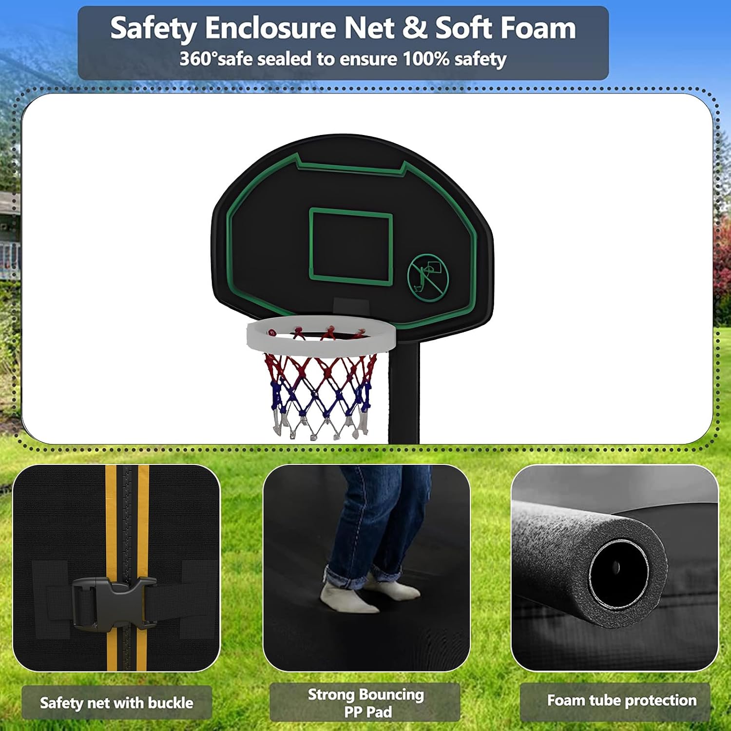 Lyromix Upgraded 16FT 15FT 14FT 12FT 10FT 8FT Trampoline Outdoor with Basketball Hoop and Net, Capacity for 4-6 Kids and Adults
