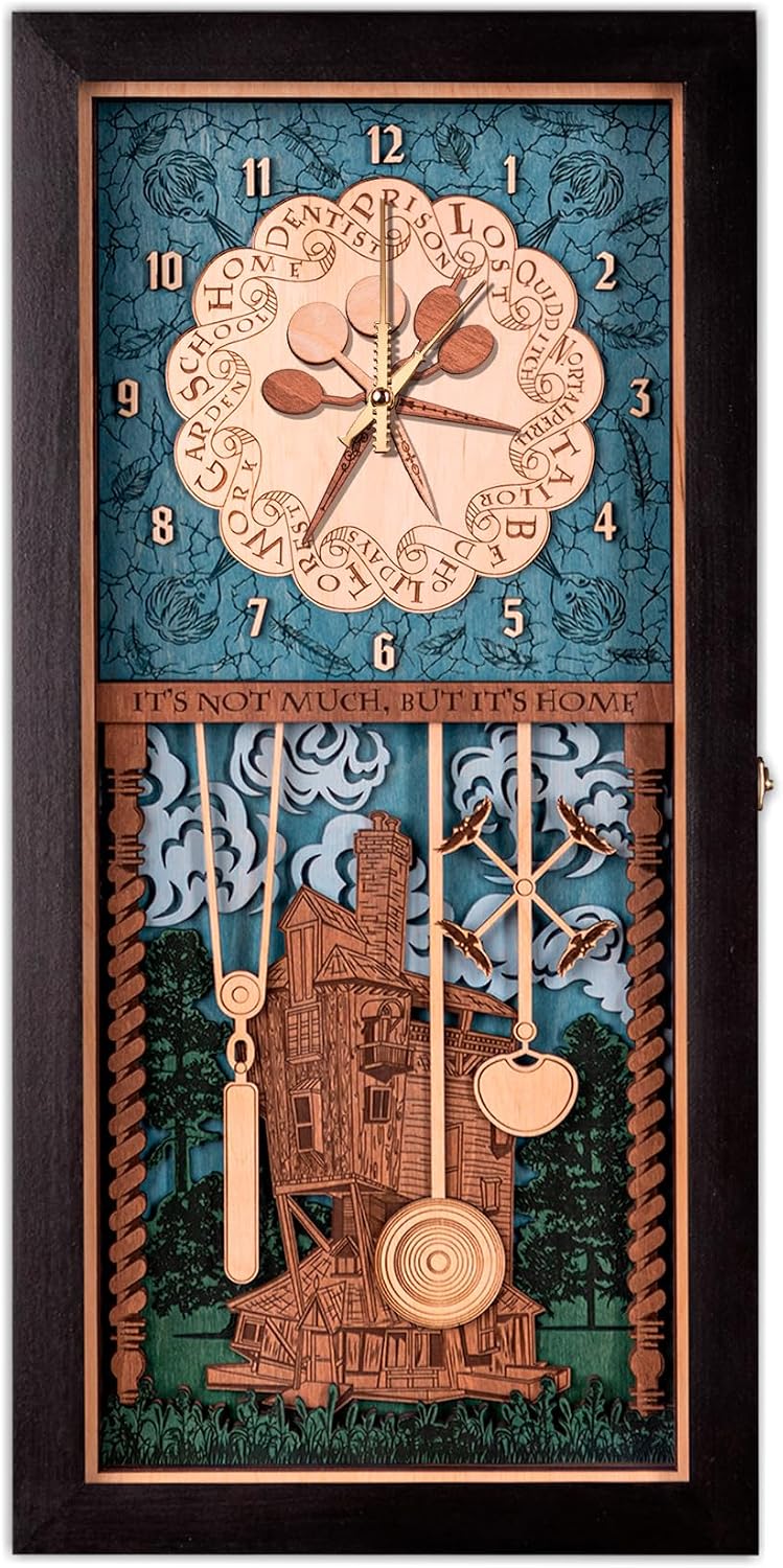 ZE WOOD Weasley Family Harry Potter 3D Wall Clock - Collectible Coffee Brown Wooden Clock, Silent Large Modern Rustic Decorative Home Decor for Harry Potter Fans, Mother's Day Gift (5 spoons, M)