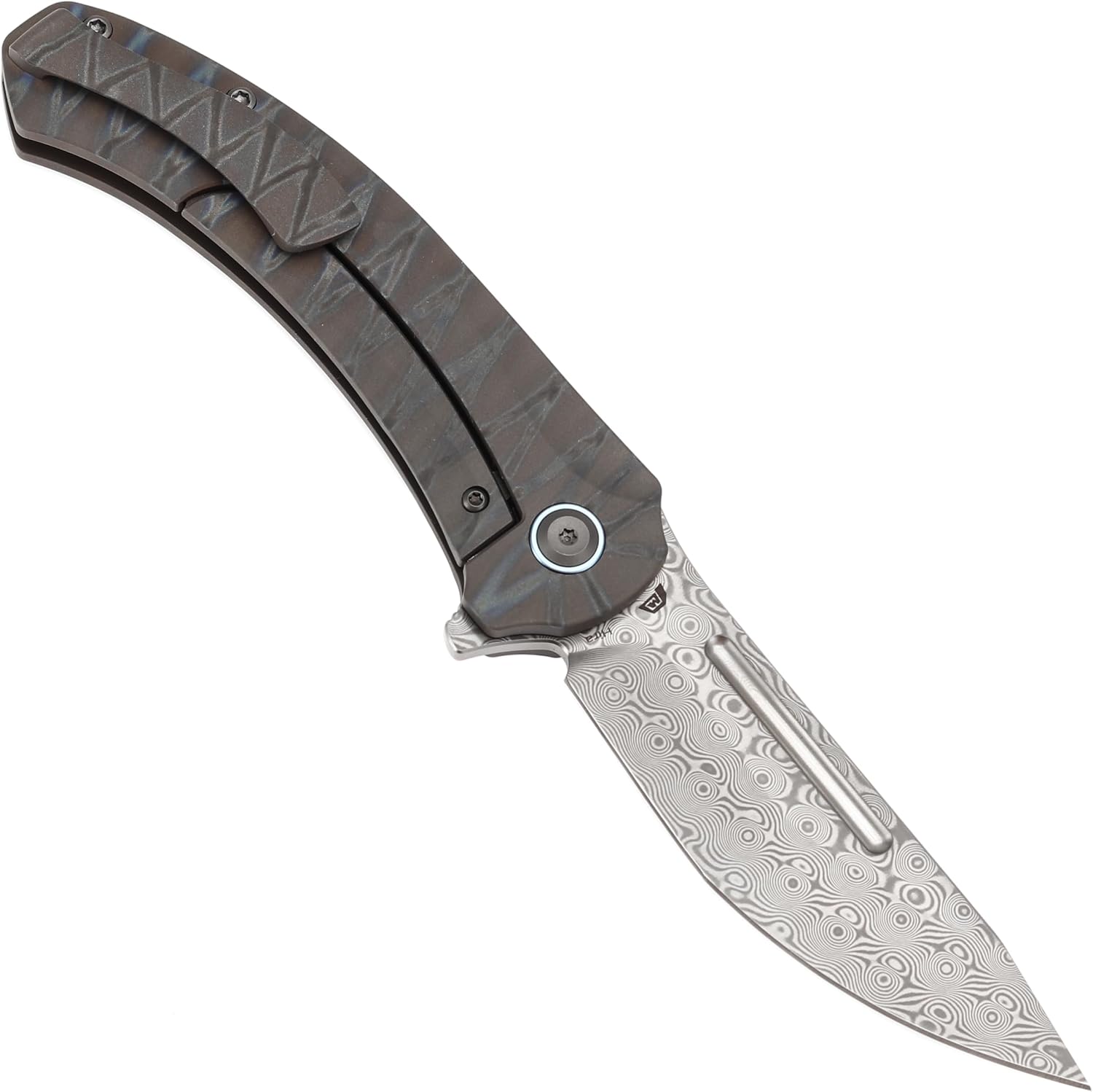 KANSEPT Hira Pocket Knife, 3.46'' Damascus Sharp Steel Blade and Blood groove, Curved Tiger Stripe Flamed Titanium Handle, Secure Frame Lock Folding with Flipper for Edc, Camping Hiking Knives K1090A5