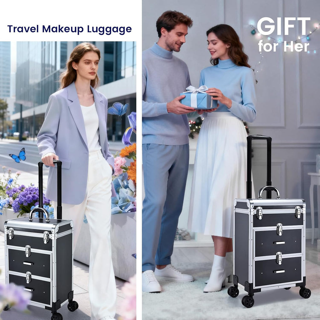 Professional Rolling Makeup Train Case with Drawers, Large Cosmetic Trolley with Locks, Cosmetics Storage Organizer Make up Case for Travel Makeup/Nail Art/Hair Styling, Matte Black