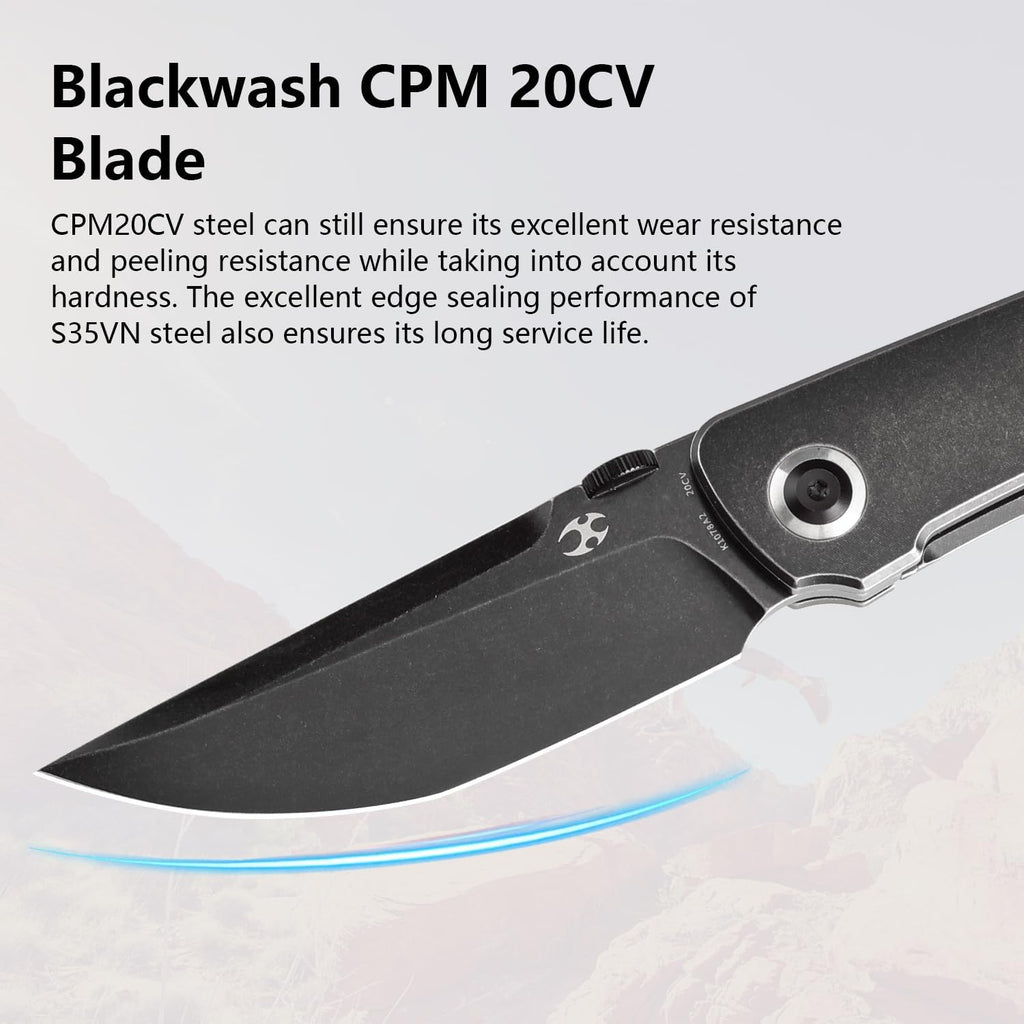 KANSEPT Tarkin Camping Pocket Knives for Men 7.87in Folding Pocket Knives with 3.42in Blackwash CPM 20CV Material and Blackwash Titanium Handle for Outdoor, Tactical, Survival K1078A2