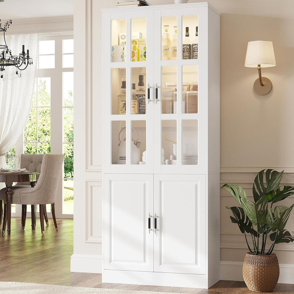 MEISSALIVVE Kitchen Pantry Storage Cabinet with LED Lights, 78.7' Tall with Glass Doors & Drawers, Freestanding Utility Cabinet, White (31.5' W x 15.7' D)