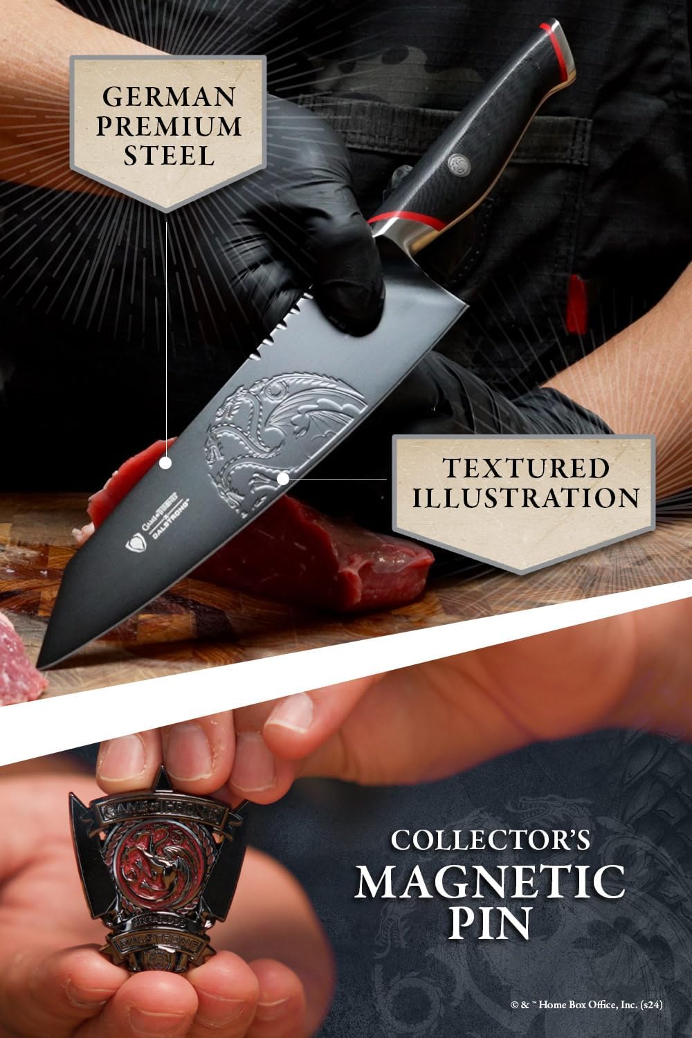 Dalstrong Game of Thrones House Targaryen 8' Chef Knife — German X50CRMOV15 Steel, TiN-Coated, G-10 Handle — Officially Licensed — For GoT Fans, Collectors & Real Kitchen Use