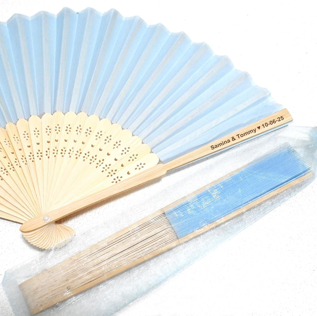 Personalized Engraved Silk Fans Folding Hand Fans with Organza Bags, 103Pcs Light Blue Summer Wedding Fans, Custom Imitated Silk-Bamboo Fans for Guests Wedding Party Favor Bridal Shower Gifts
