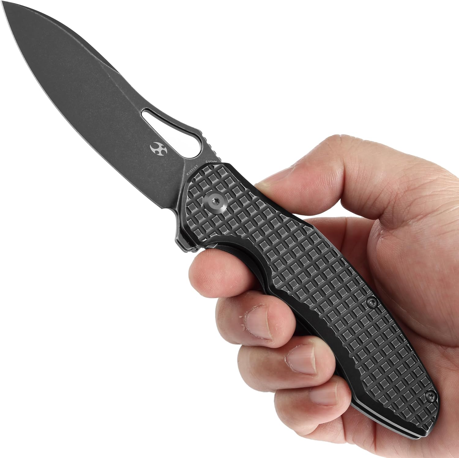 KANSEPT Echis Pocket Folding Knives for Men Women Camping Hiking Folding Knife 3.45'' Black Stonewashed CPM S35VN Blade with Blackwash Titanium with Frag Pattern Handle Everyday Carry K1071A5