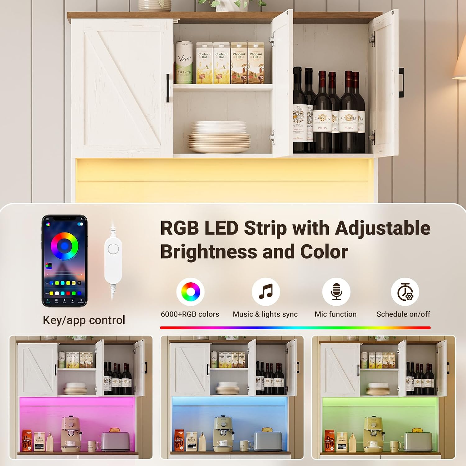 ELYKEN 71' Kitchen Pantry Cabinet with Charging Station & LED Lights, Tall Kitchen Storage Cabinet with Hutch, Farmhouse Pantry with Door Shelf & Pull Out Shelf for Dining Room Kitchen, White