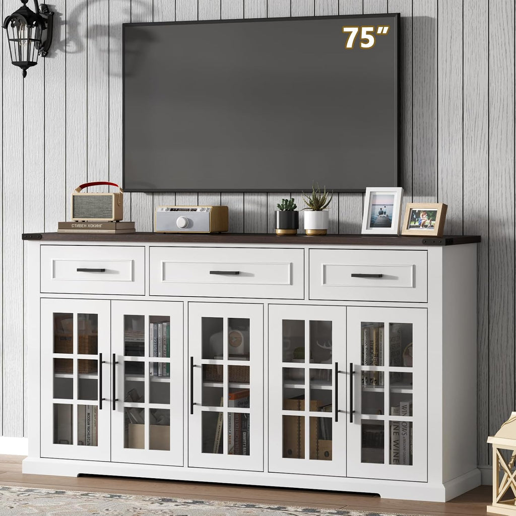Gyfimoie 63' Sideboard Buffet Cabinet with Glass Doors, Farmhouse Large Buffet Table with 3 Storage Drawers, Modern Coffee Bar Wine Bar Cabinet with Adjustable Shelves for Kitchen, Dining Room, White