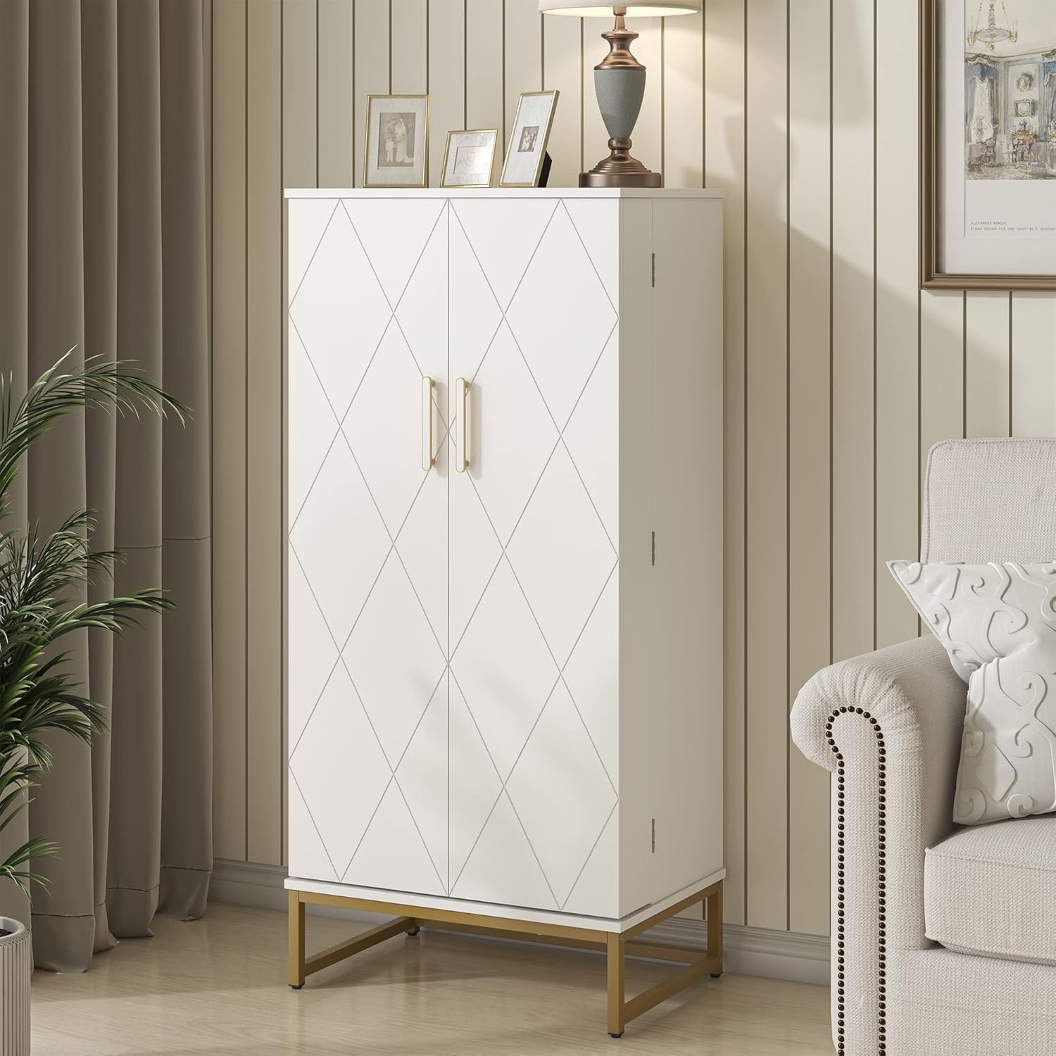 kepptory 51' Kitchen Pantry Storage Cabinet with Diamond Design, White Freestanding Pantry Cabinets with Golden Base and Handles, Buffet Cupboards Cabinet with 6 Adjustable and Large Storage Space