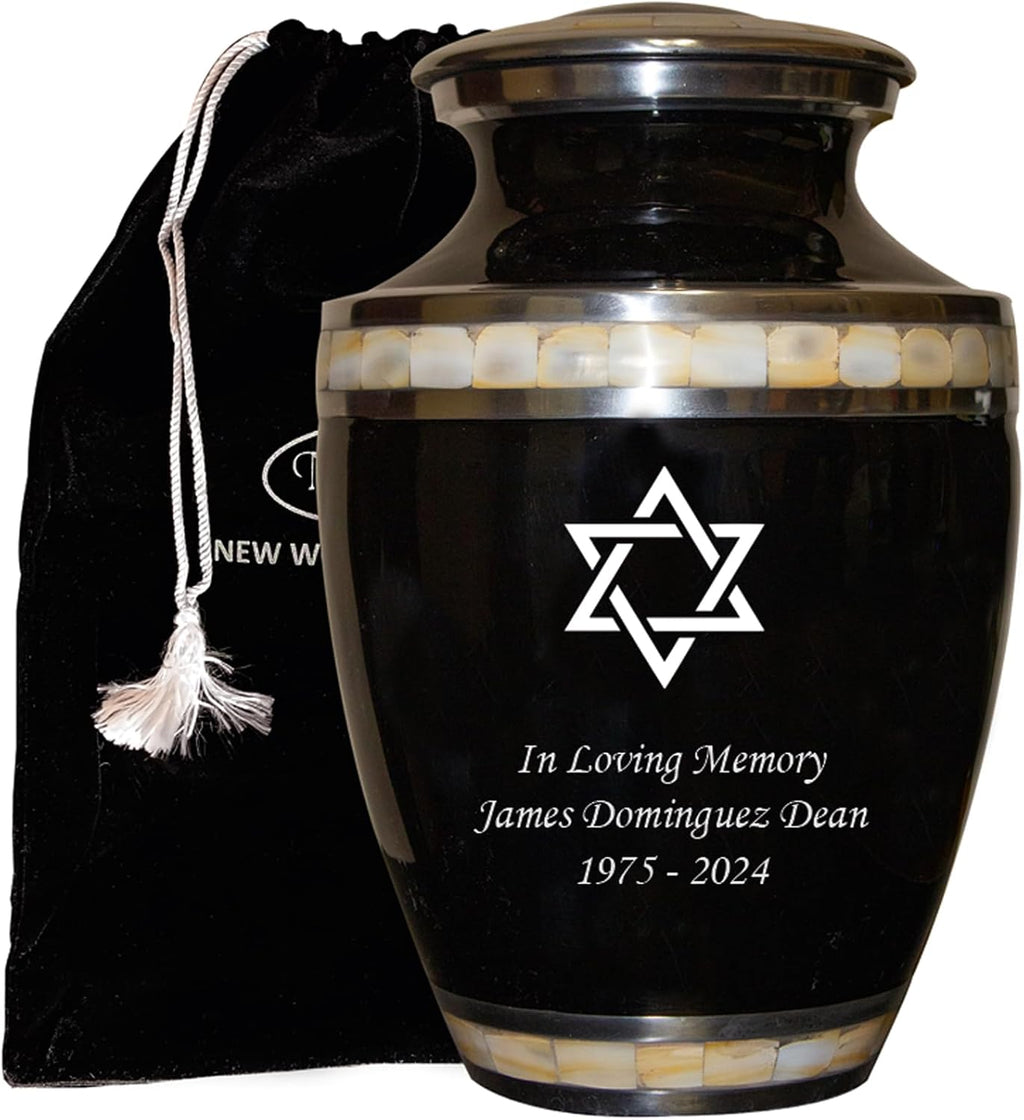 Star of David Cremation Urn for Human Ashes, Jewish Cremation Urn, Religious Ash Urns with Personalized Engraving (Black Mother of Pearl)