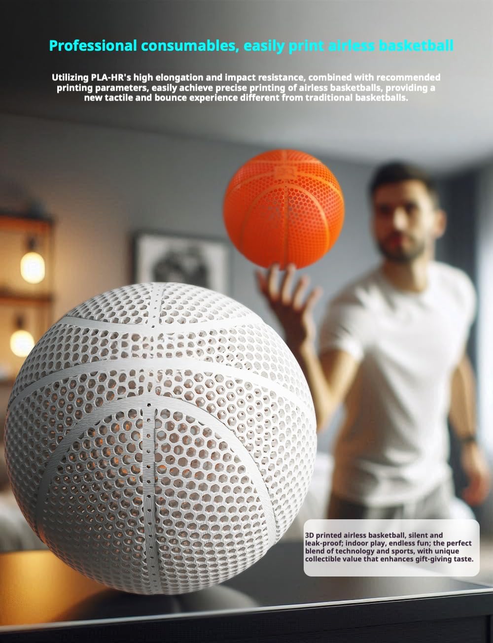 YHNNH Airless Basketball 3D Printed Silent Basketball Indoor Outdoor Durable Performance Quiet Basketballs Gift for Friends