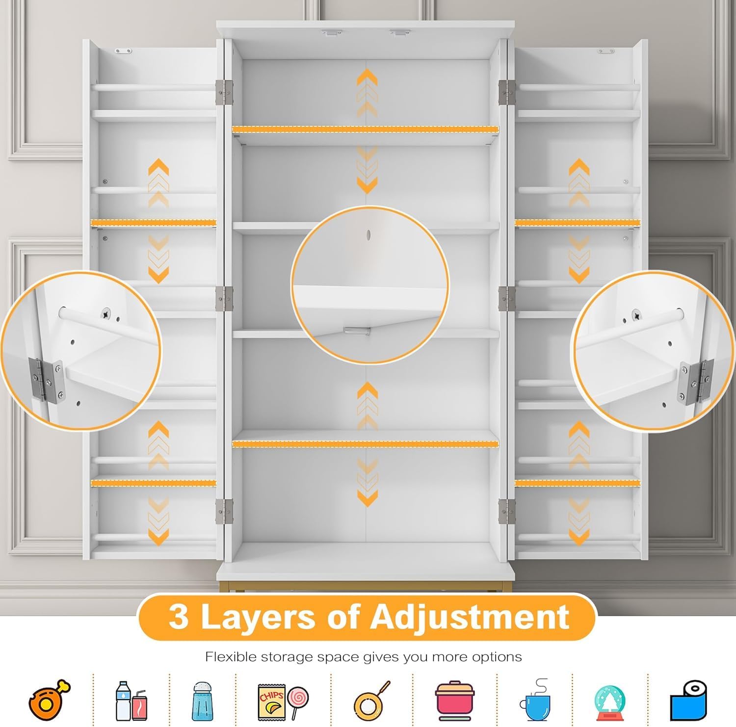 kepptory 51' Kitchen Pantry Storage Cabinet with Diamond Design, White Freestanding Pantry Cabinets with Golden Base and Handles, Buffet Cupboards Cabinet with 6 Adjustable and Large Storage Space