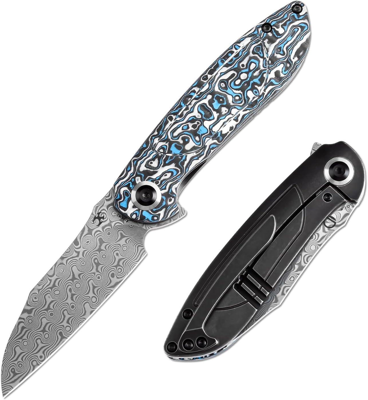 KANSEPT Prometheus Pocket Folding Knives for Men EDC Camping Folding Knife 3.29'' Damascus Material Pocket Folding Knife Liner Lock with Blue Whire Nebula Carbon Fiber Handle Everyday Carry K1040A3