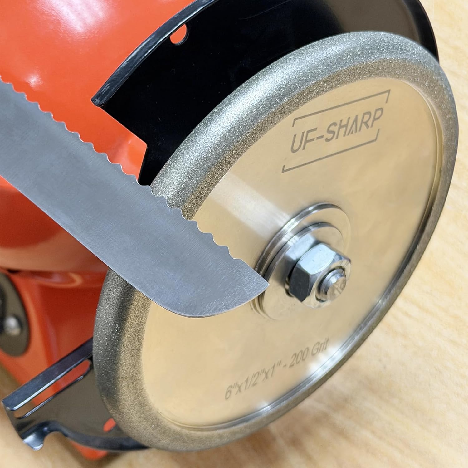 Diamond Serration Grinding Wheel for Sharpen Common Size of Bread Knife Serration,with Arbor Adapter to Fit 1/2'', 5/8'', 3/4'' Shaft (1 inch, 200, Medium)