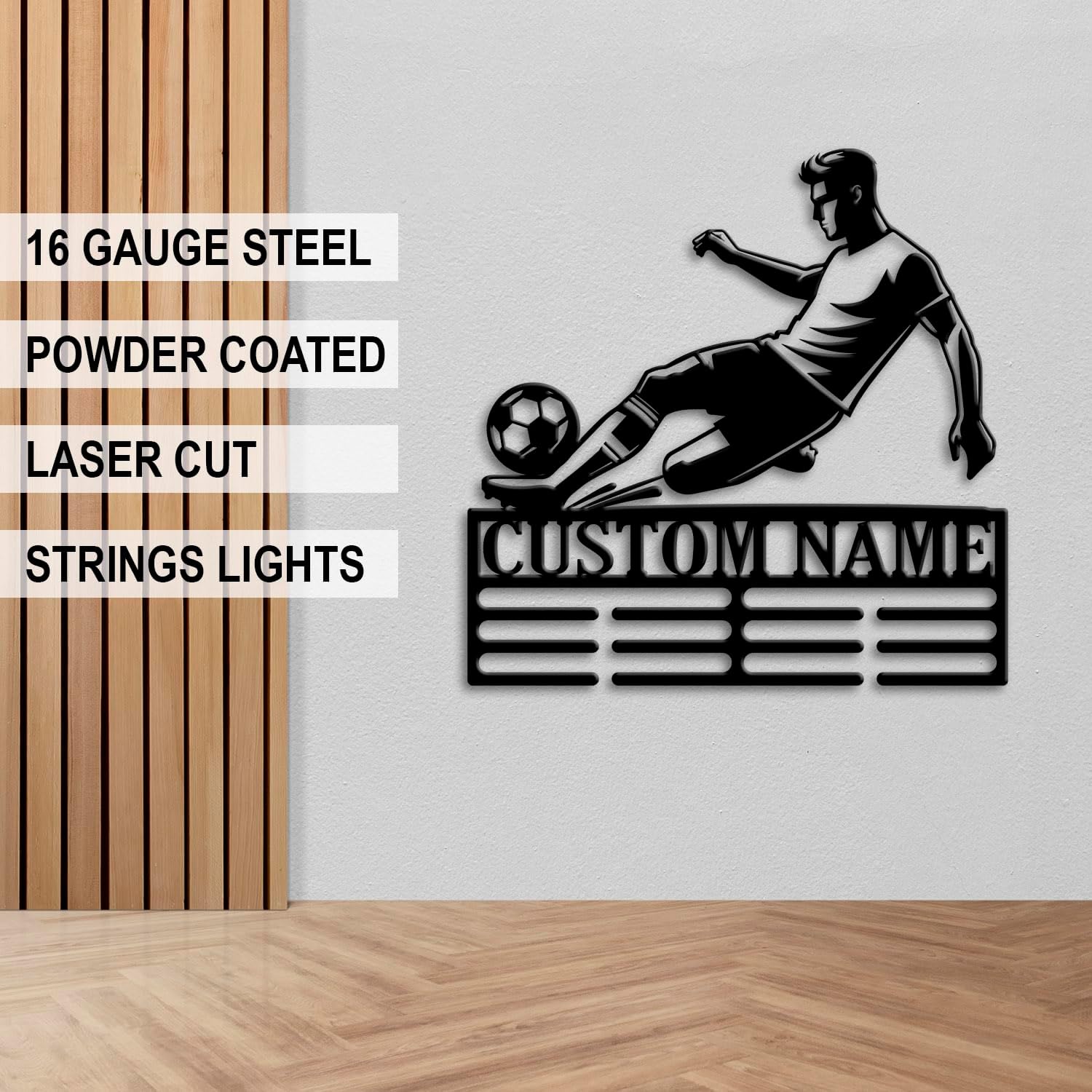Custom Soccer Medal Holder LED Light, Soccer Player Name Medal Hanger Display, Rack For Tiered Award Ribbon, Metal Sign Gift For Athlete Artwork