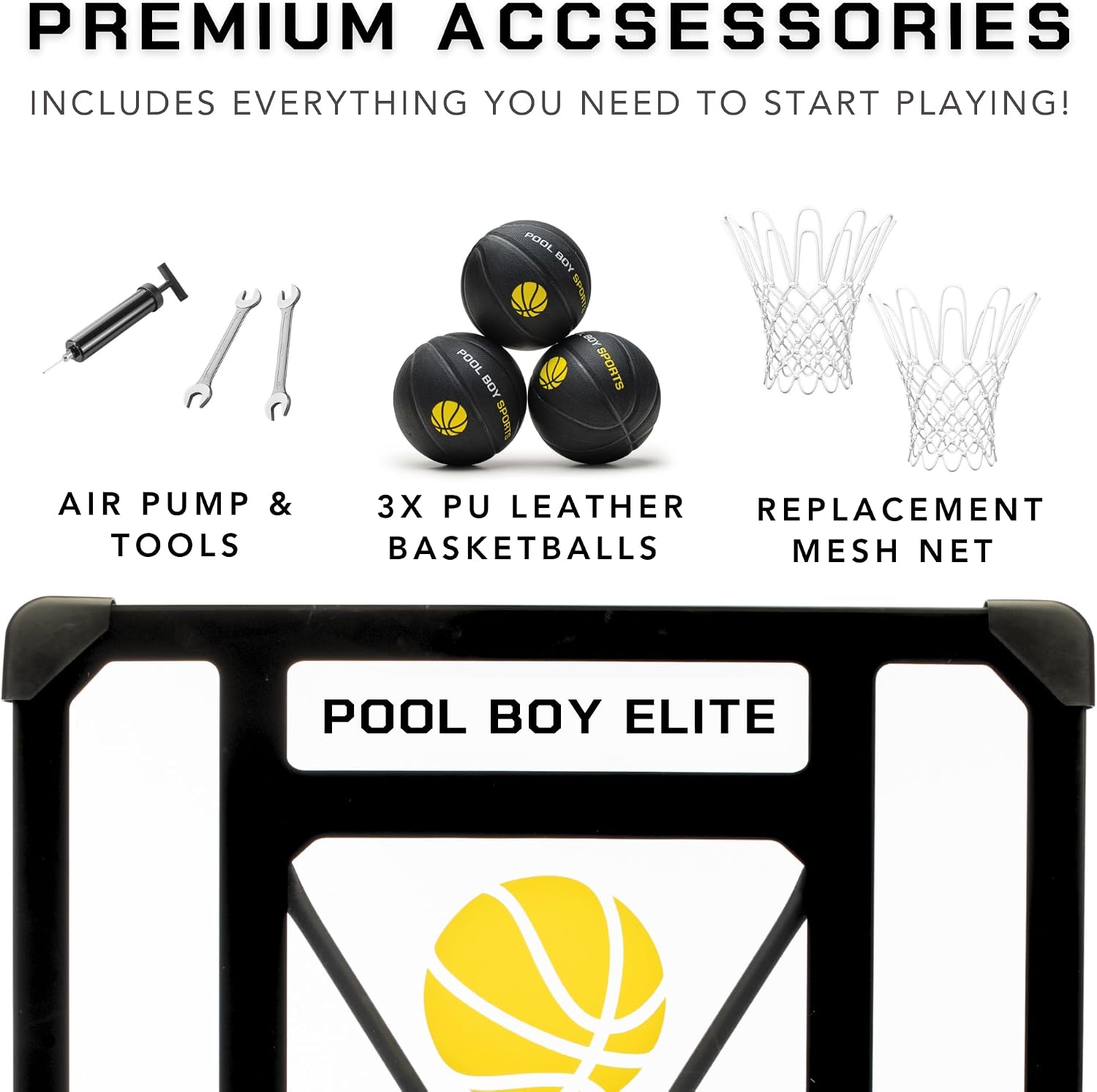Pool Basketball Hoop - Set Includes 3X Composite Leather Basketballs, Air Pump, & Tools - Adjustable Poolside Basketball Hoop - Made for Kids, Teens, & Adults