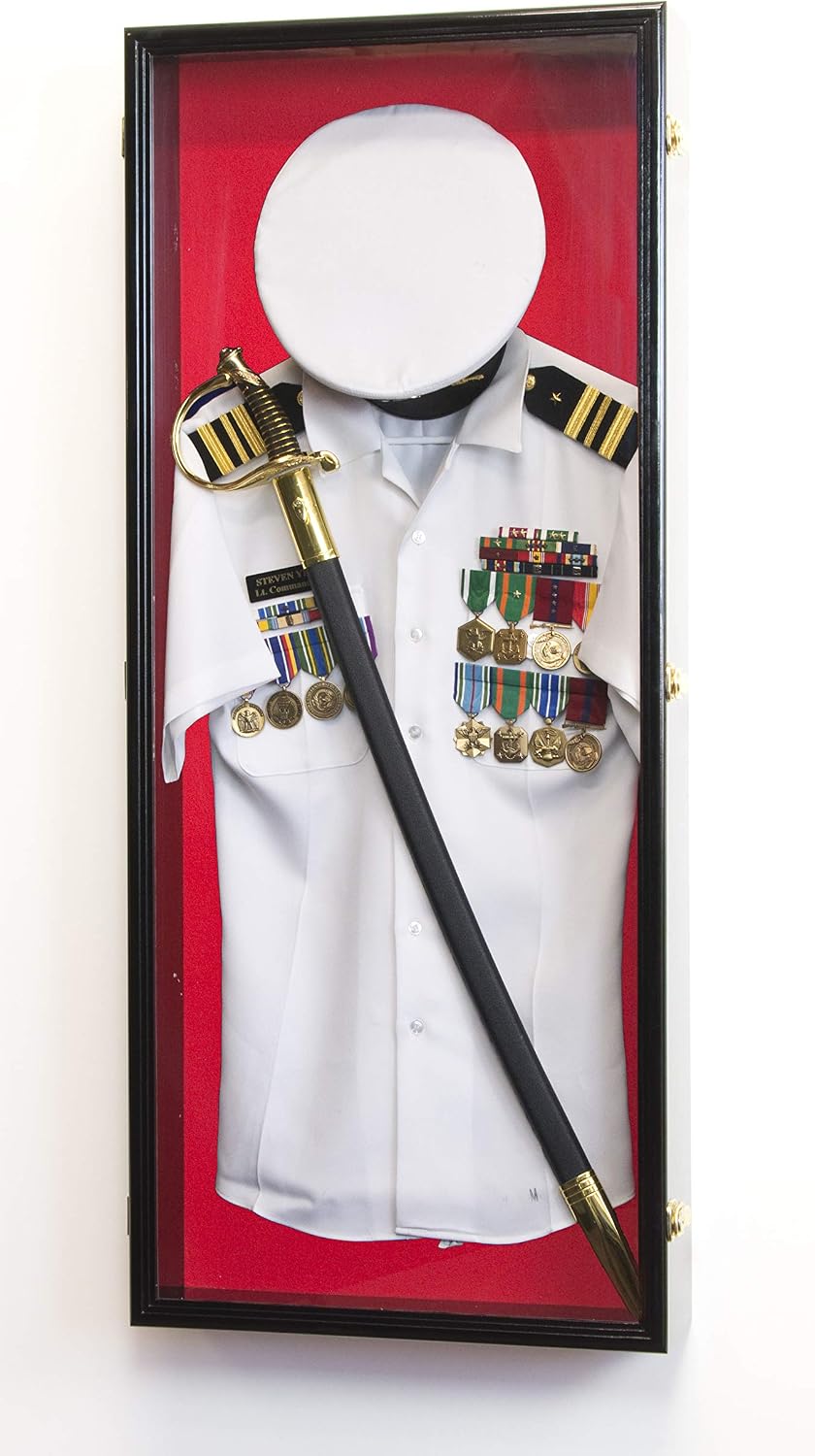sfDisplay.com,LLC. Military Shadow Box Display Case Uniform Cap Hat Sword Medals Cabinet Wall Frame - Lockable (Black Finish, Red Felt Background)