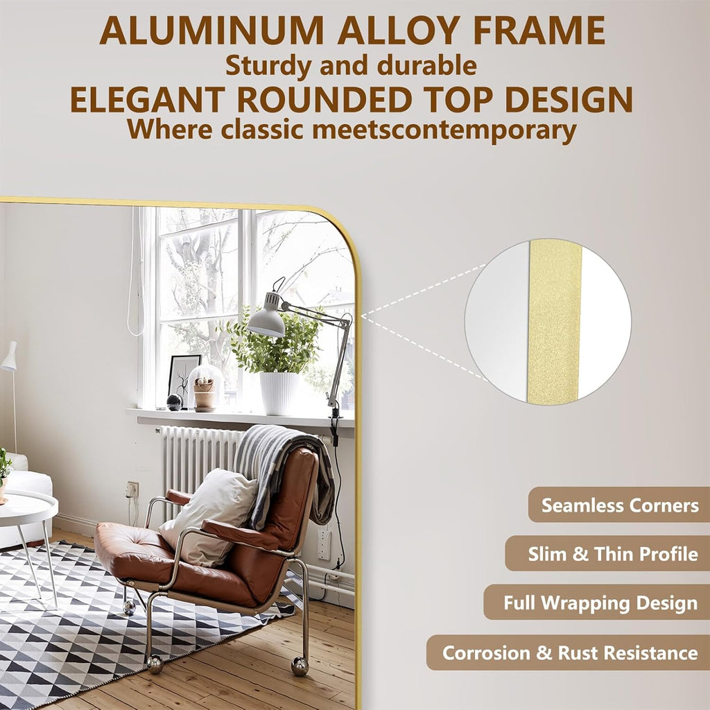 Koonmi Full Length Mirror, 71'x30' Mirror Full Length with Stand, Gold Domed Top Square-Edged Floor Mirror with Aluminum Alloy Frame for Bedroom Living Room