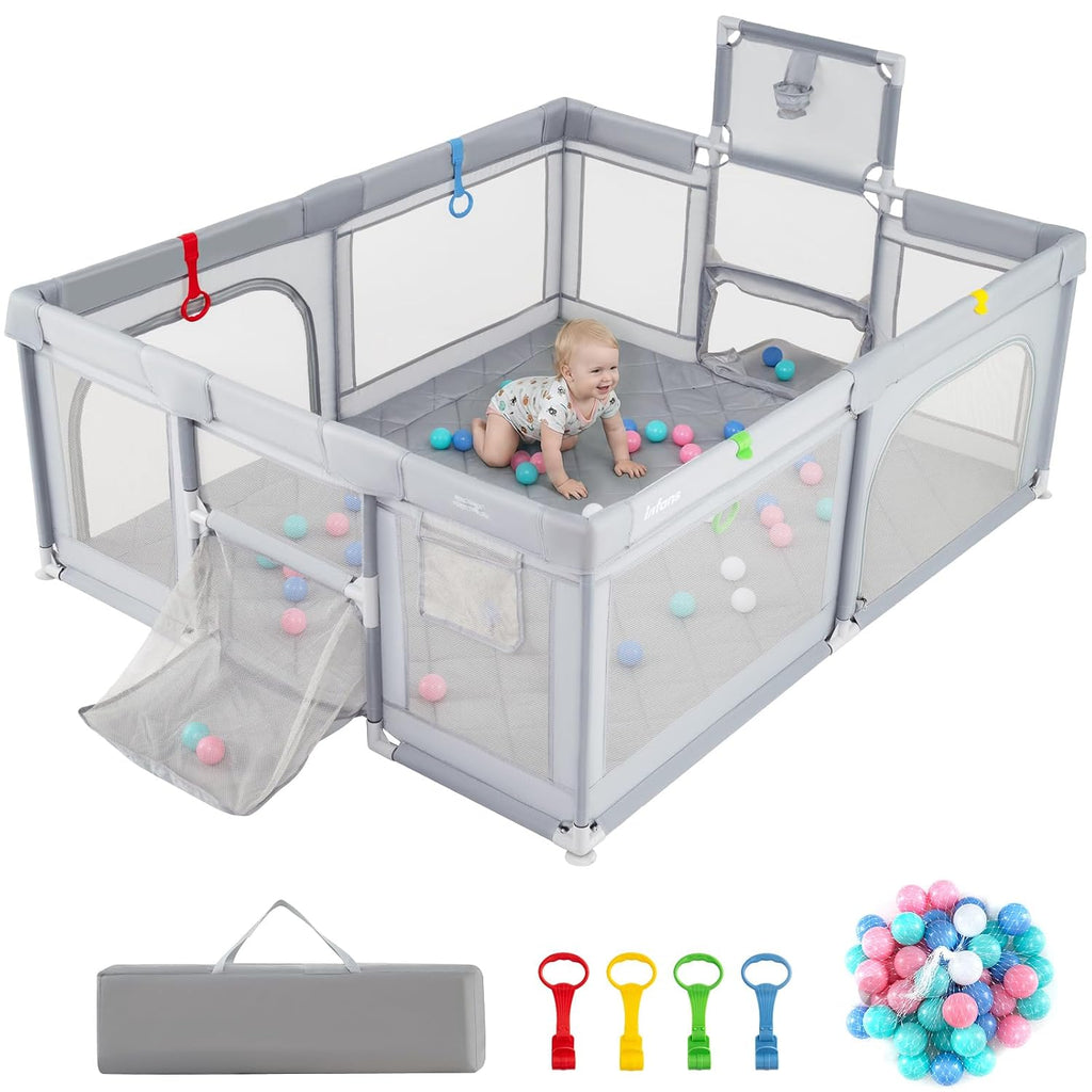 INFANS 74' x 62' Baby Playpen with Soft Mat, Basketball Hoop, 2 Soccer Goals, 4 Handles & 50 Ocean Balls, Breathable Mesh, Indoor & Outdoor Large Play Yard for Toddlers (Moon Light)