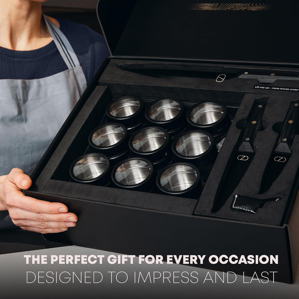 3-in-1 Magnetic Knife Block & Spice Rack Bundle - Ultra Sharp 60 HRC Chef Knife Set, Black Titanium Blades, 9 Spice Tins, Wall Mount Holder - All-in-One Kitchen Organizer + Mini Knife