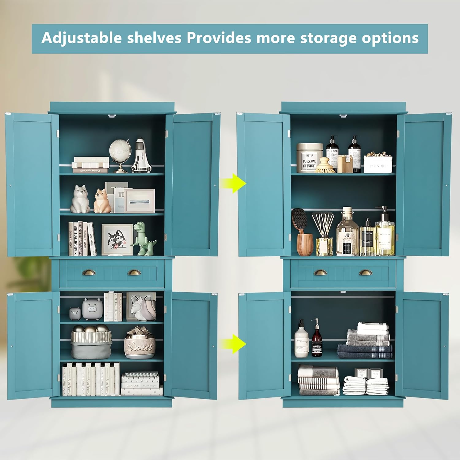 KIGOTY 72' Tall Kitchen Pantry Cabinet with Drawer and 4 Adjustable Shelves, Freestanding Pantry Storage Cabinets, Wood Cupboard Pantry Cabinet for Kitchen, Dining Room, Living Room, Turquoise