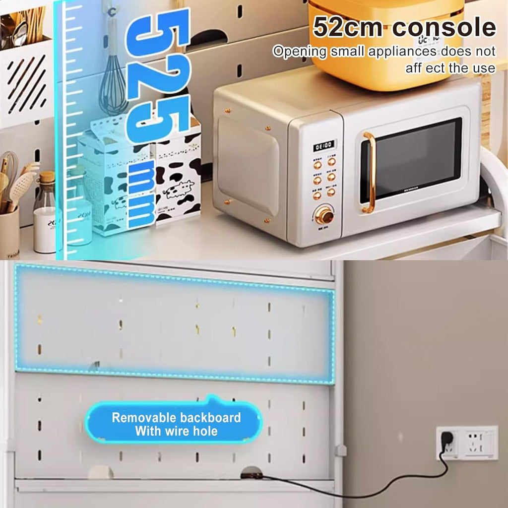 White Microwave Stand with Flip Door, 4-Tier Kitchen Baker's Rack, Large Storage Shelves with 8 Hooks, Versatile Free Standing Cabinet for Pantry & Garage Organization