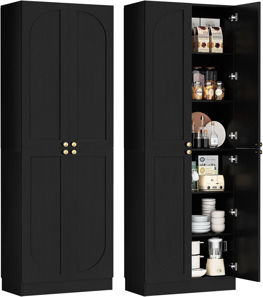 Cyclysio 80' Kitchen Pantry, Extra Tall Arch Storage Cabinet with 4 Soft Close Doors and Adjustable Shelves, Freestanding Wood Cupboard with Seamless Fit Wall for Dining Living Room (Black, 1 Pack)