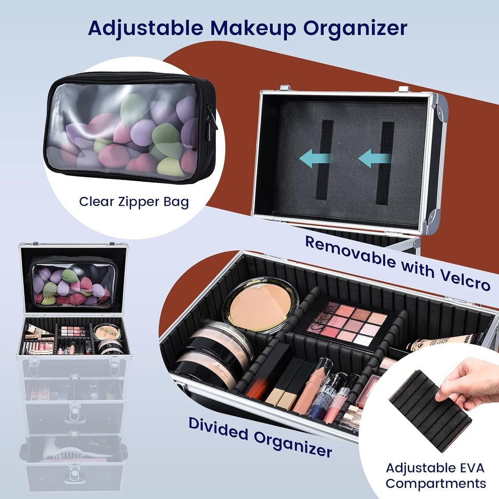 Professional Rolling Makeup Train Case with Drawers, Large Cosmetic Trolley with Locks, Cosmetics Storage Organizer Make up Case for Travel Makeup/Nail Art/Hair Styling, Matte Black