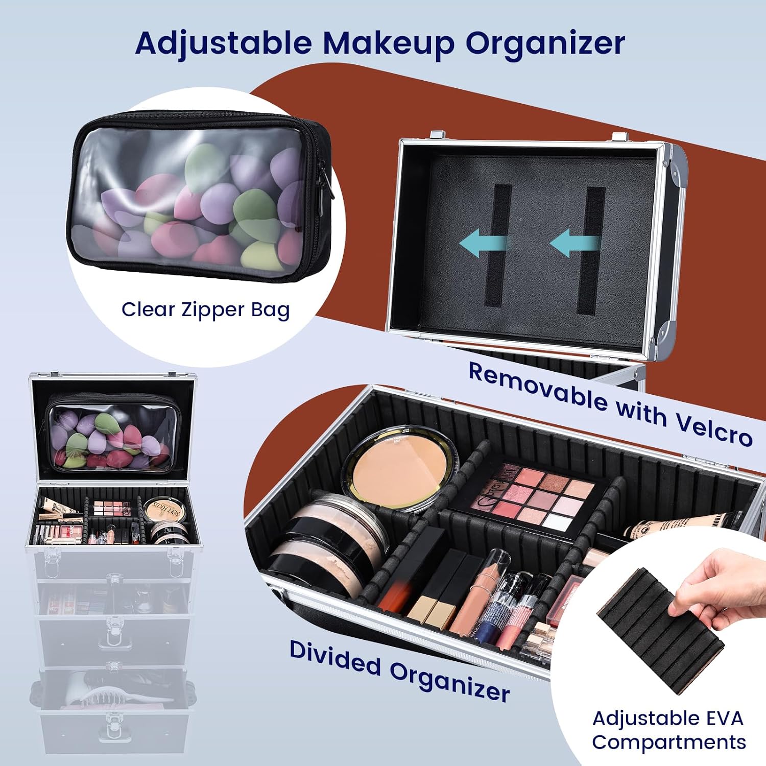 Professional Rolling Makeup Train Case with Drawers, Large Cosmetic Trolley with Locks, Cosmetics Storage Organizer Make up Case for Travel Makeup/Nail Art/Hair Styling, Matte Black