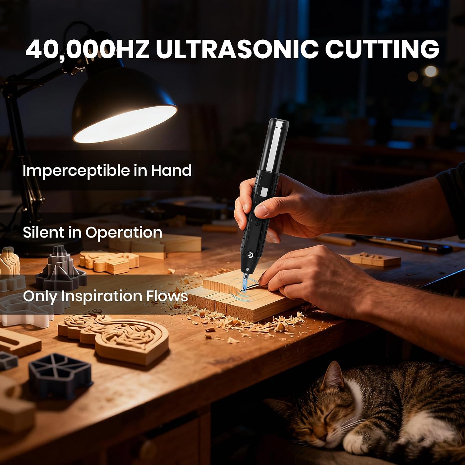 SSimder C1 Cordless Ultrasonic Cutter - 40kHz Wireless Knife for 3D Print Support Removal, Resin & DIY - Auto Tracking, 3000mAh Battery, LED, 3 Modes - Cuts Foam, Acrylic, PCB, Leather