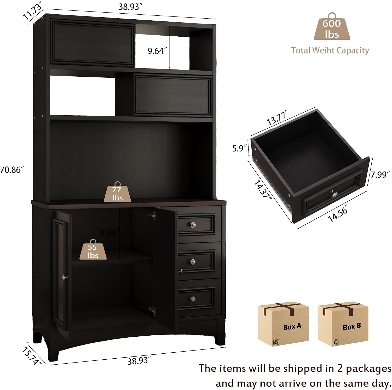 BLANKSPACE 71' Tall Kitchen Pantry Cabinet with Microwave Shelf Built-in Charging Station, Black Sliding Door Cabinet with Drawer Storage Organizer/Adjustable Shelves for Dining Room, Living Room