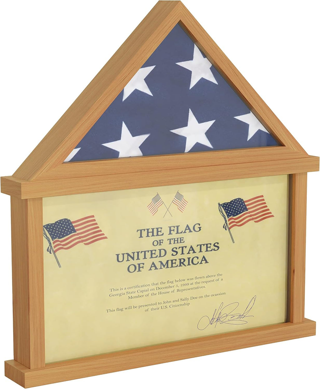 HBCY Creations Flag Display Case with Certificate Holder for 5' x 9.5' American Veteran Burial Flag, Solid Wood with Glass Front with Wall Mount or Standing Display, Weathered Wood