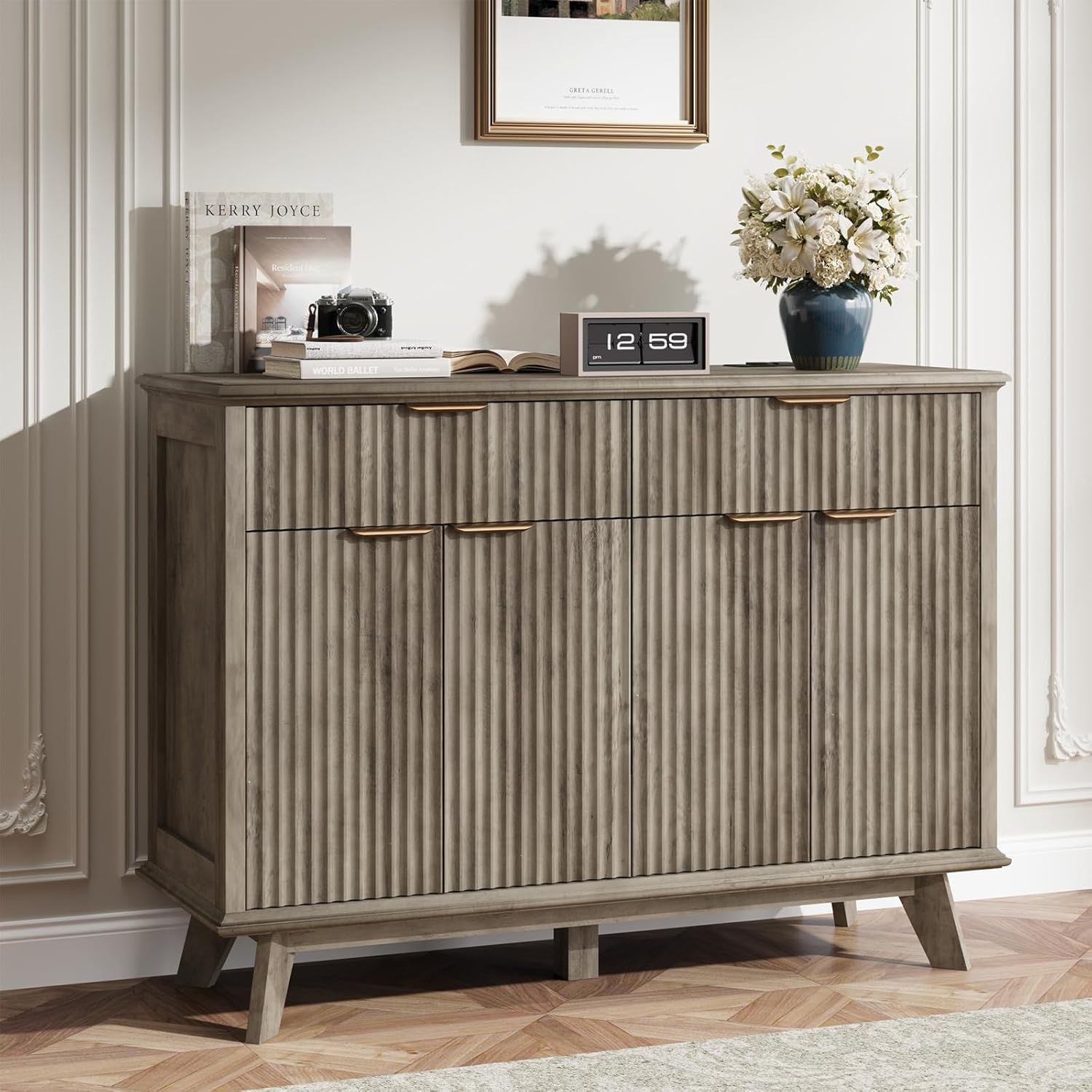 QUW Fluted Buffet Sideboard Cabinet with Storage, 47.2' Kitchen Cabinet with Drawers and Adjustable Shelves, Modern Coffee Bar with Charging Station, for Dining Room, Living Room, Grey