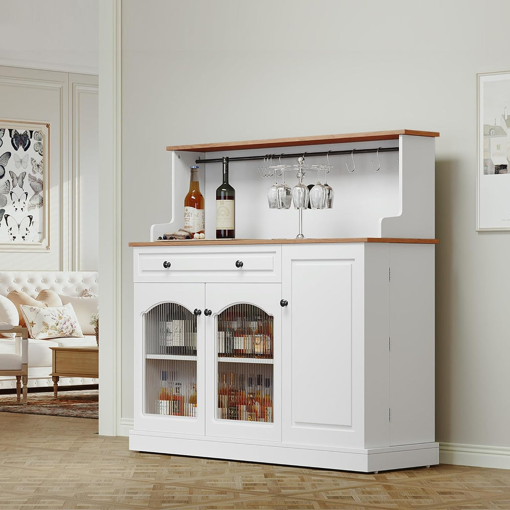 ARTPOWER Farmhosue Coffee Bar Cabinet with Hutch - 48' Modern Buffet Cabinet with Drawer Storage and Glass Doors,Wine Bar Table with Adjustable Shelves for Living Dining Room,White