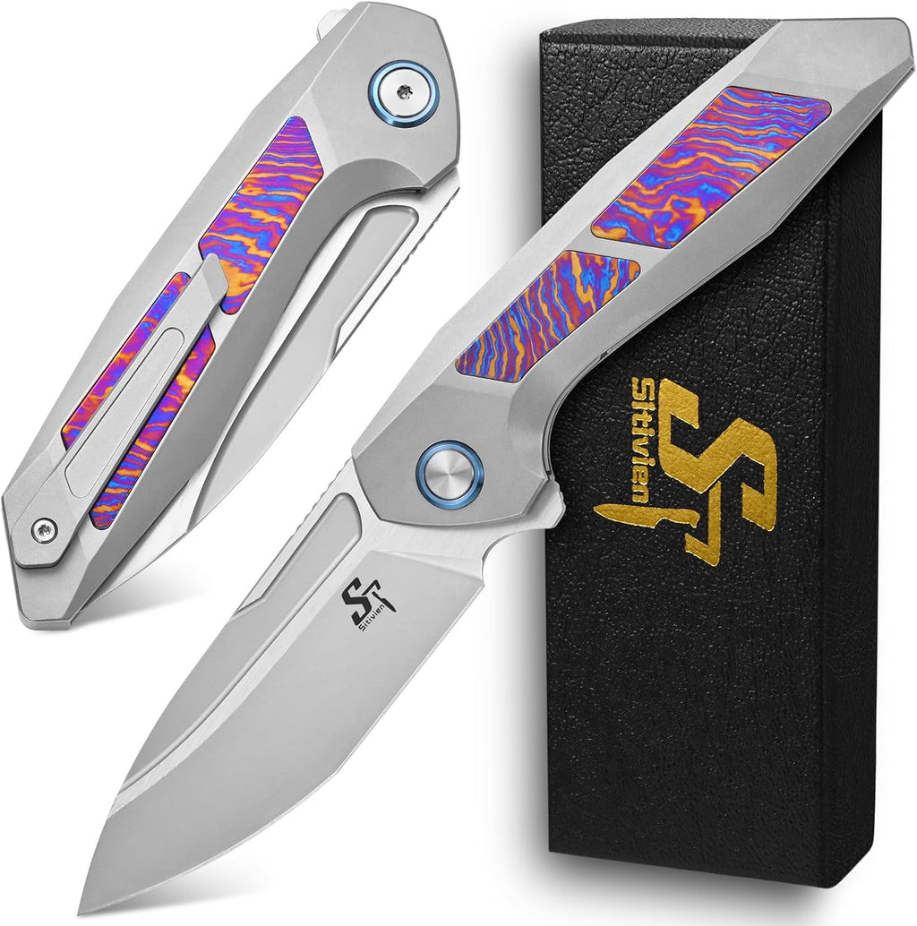 Sitivien ST996 Folding Knife, Handmade M390 Pearlescent Polishing Blade,Titanium & Timascus Handle for Outdoor Camping, Hiking, Working (Timascus)