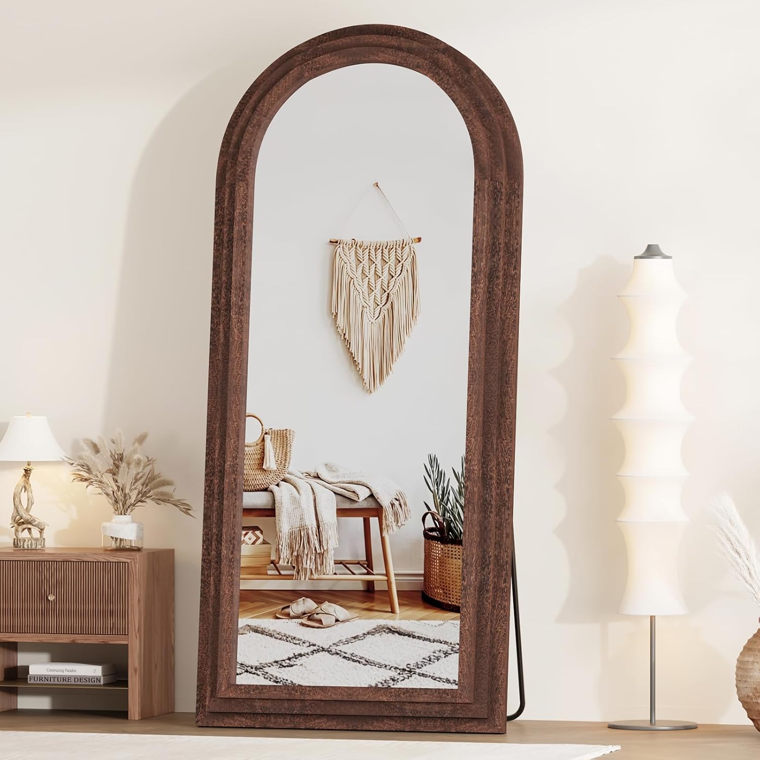 ZHUNFA External Three-Layer Arched Full Length Mirror with Solid Wood Frame,71x32 Modern Farmhouse Decor Standing Mirror Full Length,Wall Mounted,Leaning,Standing for Bedroom,Living Room,Brown.