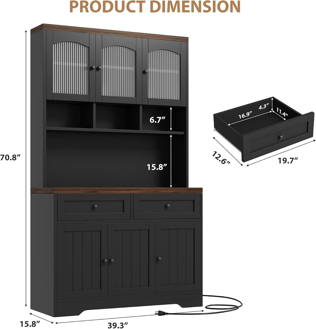 Garvee 71' Pantry Cabinet with Charging Station, Tall Kitchen Pantry Storage Cabinet with Microwave Stand, Farmhouse Kitchen Hutch with Storage Drawers for Living Room, Dining Room, Black