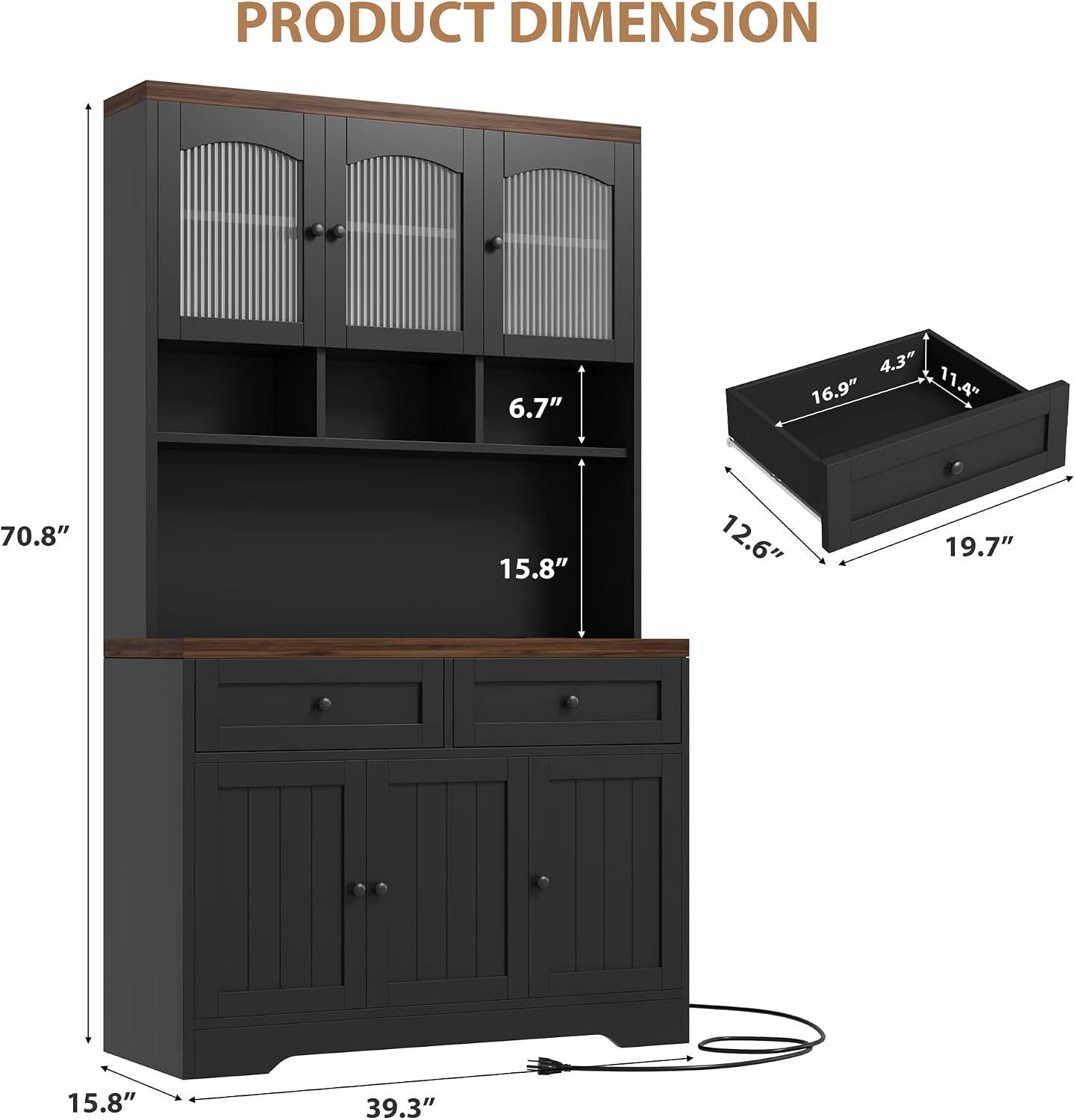 Garvee 71' Pantry Cabinet with Charging Station, Tall Kitchen Pantry Storage Cabinet with Microwave Stand, Farmhouse Kitchen Hutch with Storage Drawers for Living Room, Dining Room, Black