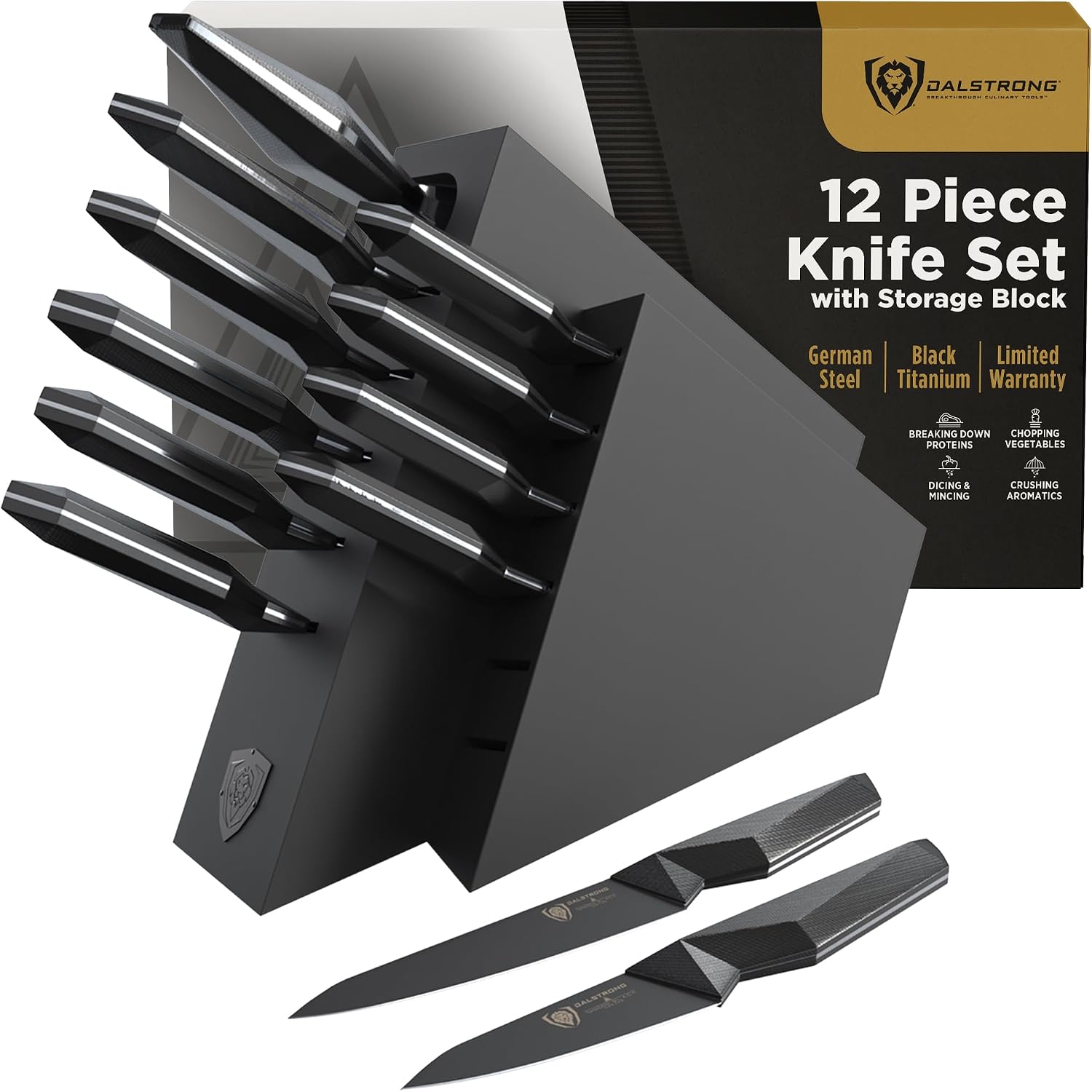 Dalstrong 12-Piece Knife Block Set — All-Black Titanium-Coated Blades, 15° Honbazuke Edge, Full-Tang G-10 Handles — Shadow Black Series For Modern Dark Kitchens & Statement Cooks — NSF Certified