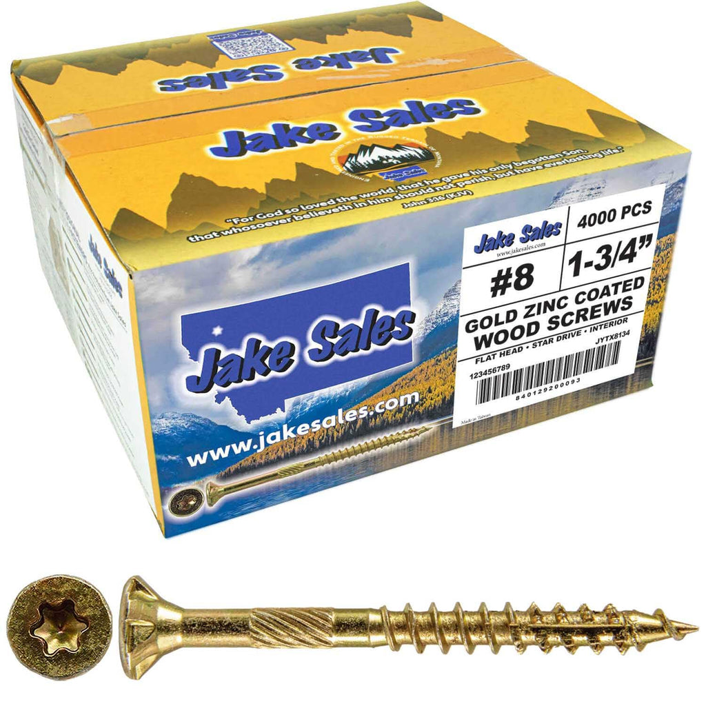 Jake Sales #8 x 1-3/4' Gold Star Wood Screw Torx/Star Drive Flat Head - Multipurpose Screws (Full Box - 4000 Count)