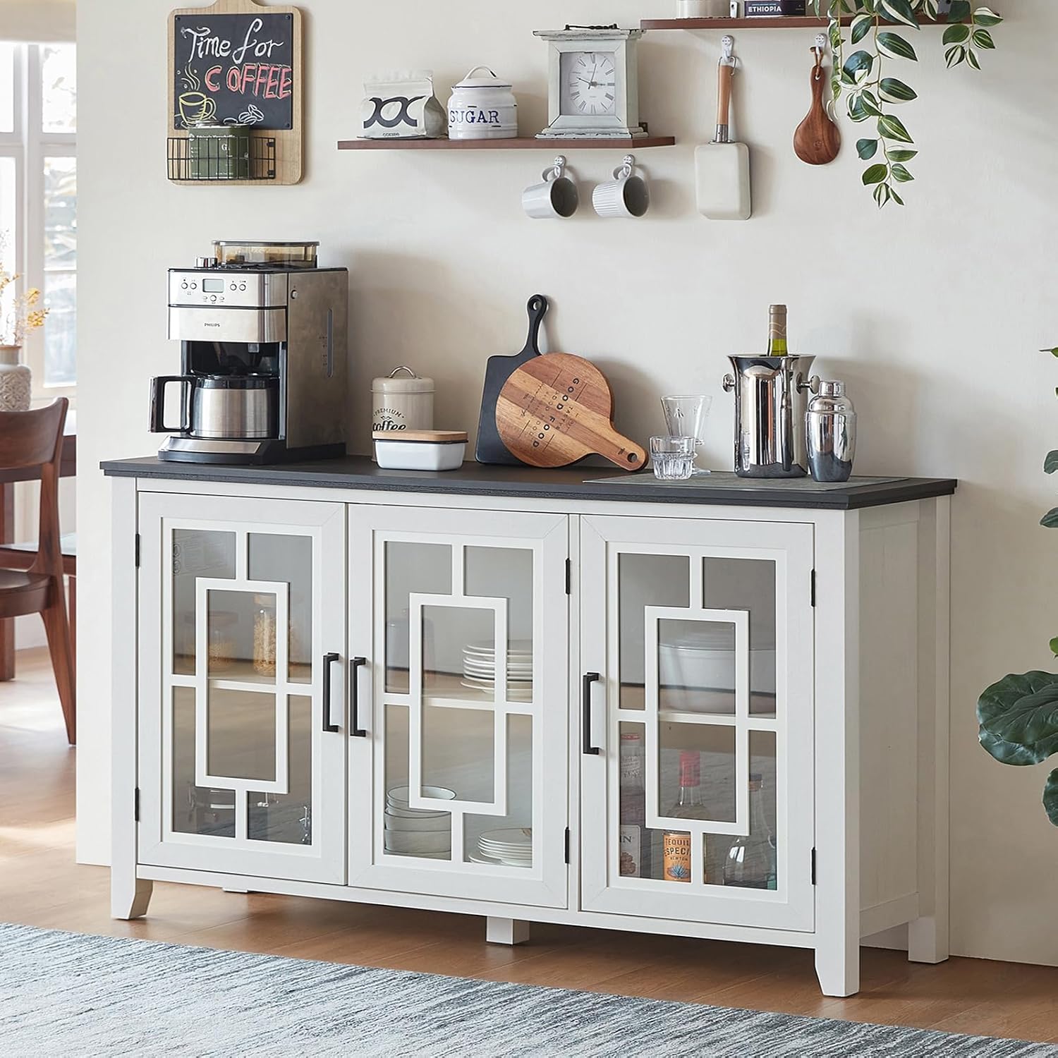 Joaxswe Large Sideboard Buffet Cabinet with Storage, 55' Farmhouse White Kitchen Coffee Wine Bar Cabinet with 3 Glass Doors, Wood Mid Century Modern Side Board Table for Dining Room, Living Room
