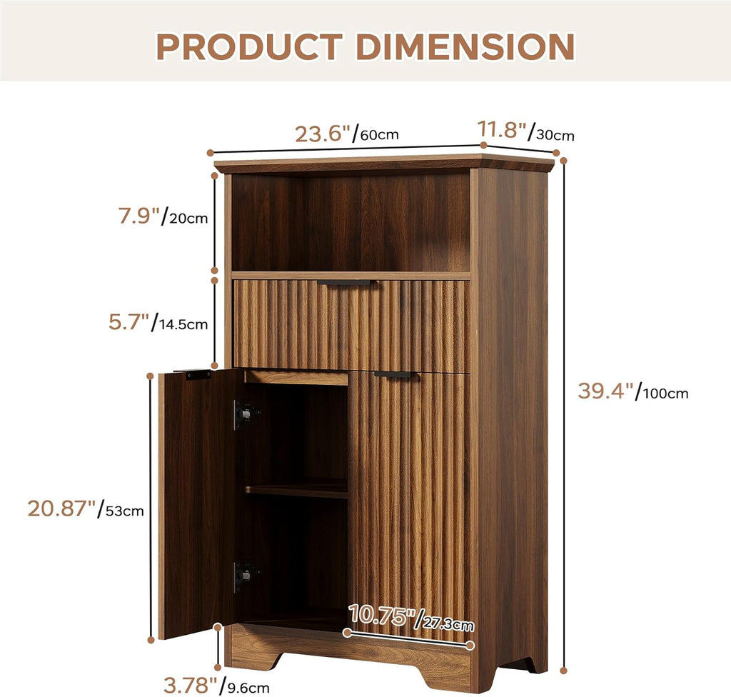 Fluted Buffet Cabinet with Storage, Modern Coffee Bar Cabinet with Drawer & Adjustable Shelf, Wood Sideboard Cabinet for Kitchen, Bathroom, Entryway and Living Room Walnut