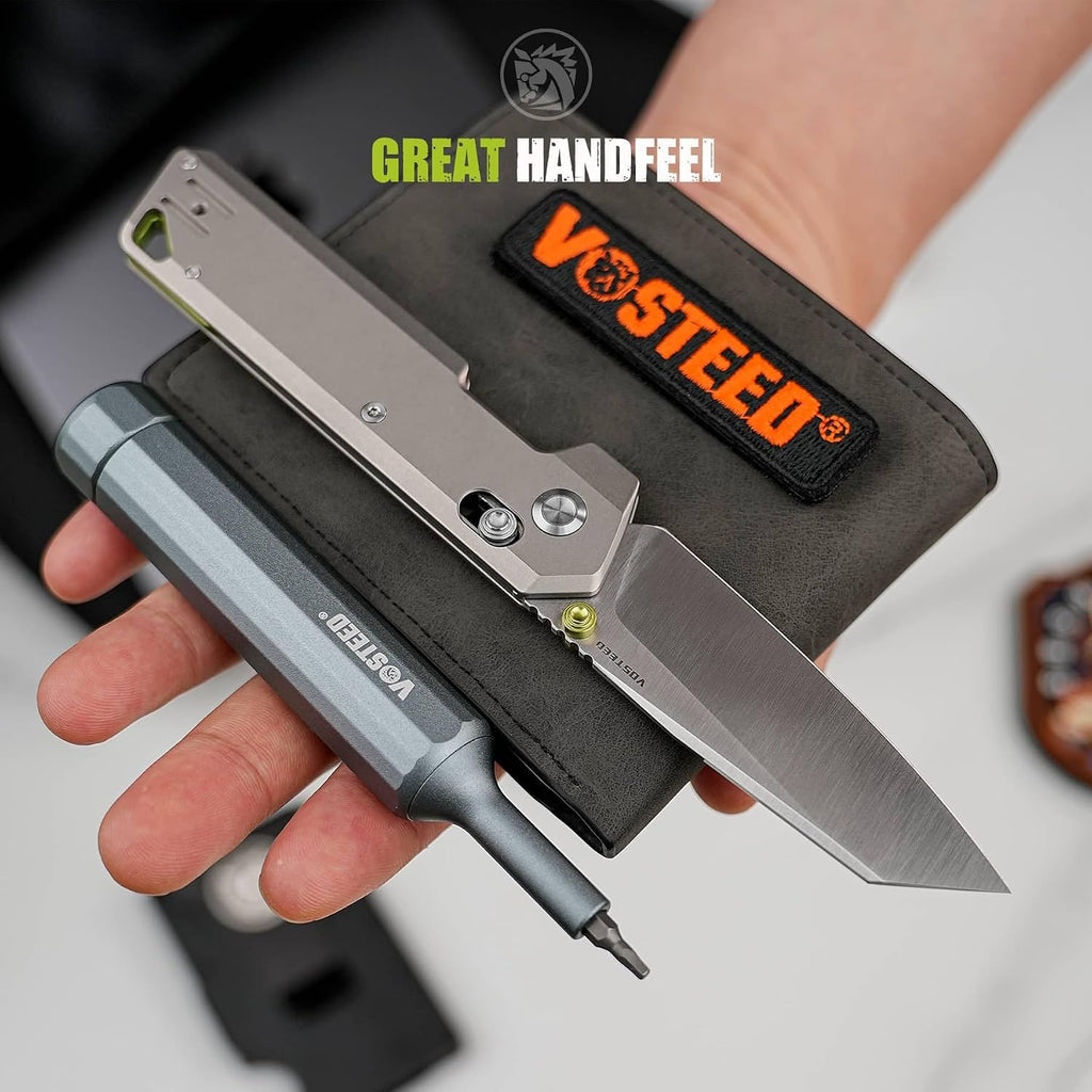 Vosteed Ultra Thin EDC Pocket Knife for Men & Women, 2.9' 154CM Blade, Thumb Stud, Crossbar Lock Titanium Handle Slim Folding Knives for Daily Use - Parallel A3503